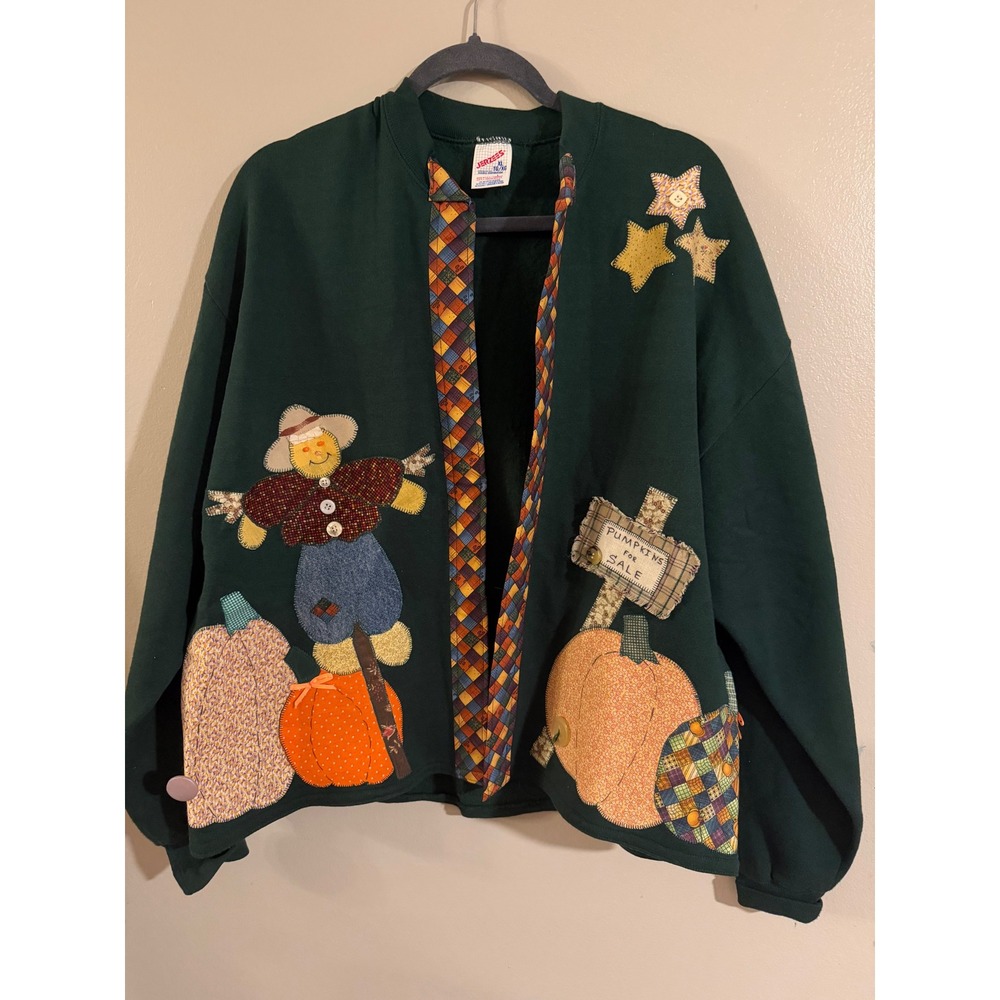 Vintage Jerzees Pumpkin Scarecrow Patchwork Cardi… - image 1